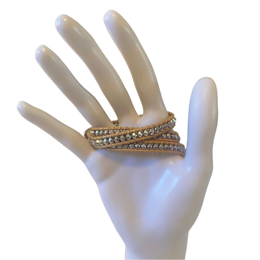 Silver Beaded Leather Wraparound Bracelet.
